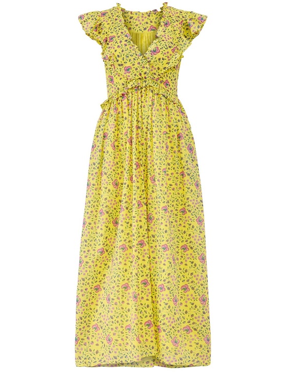 Banjanan Dresses & Skirts - Banjanan Yellow Floral Maxi Dress with Ruffle V-Neck 100% COTTON